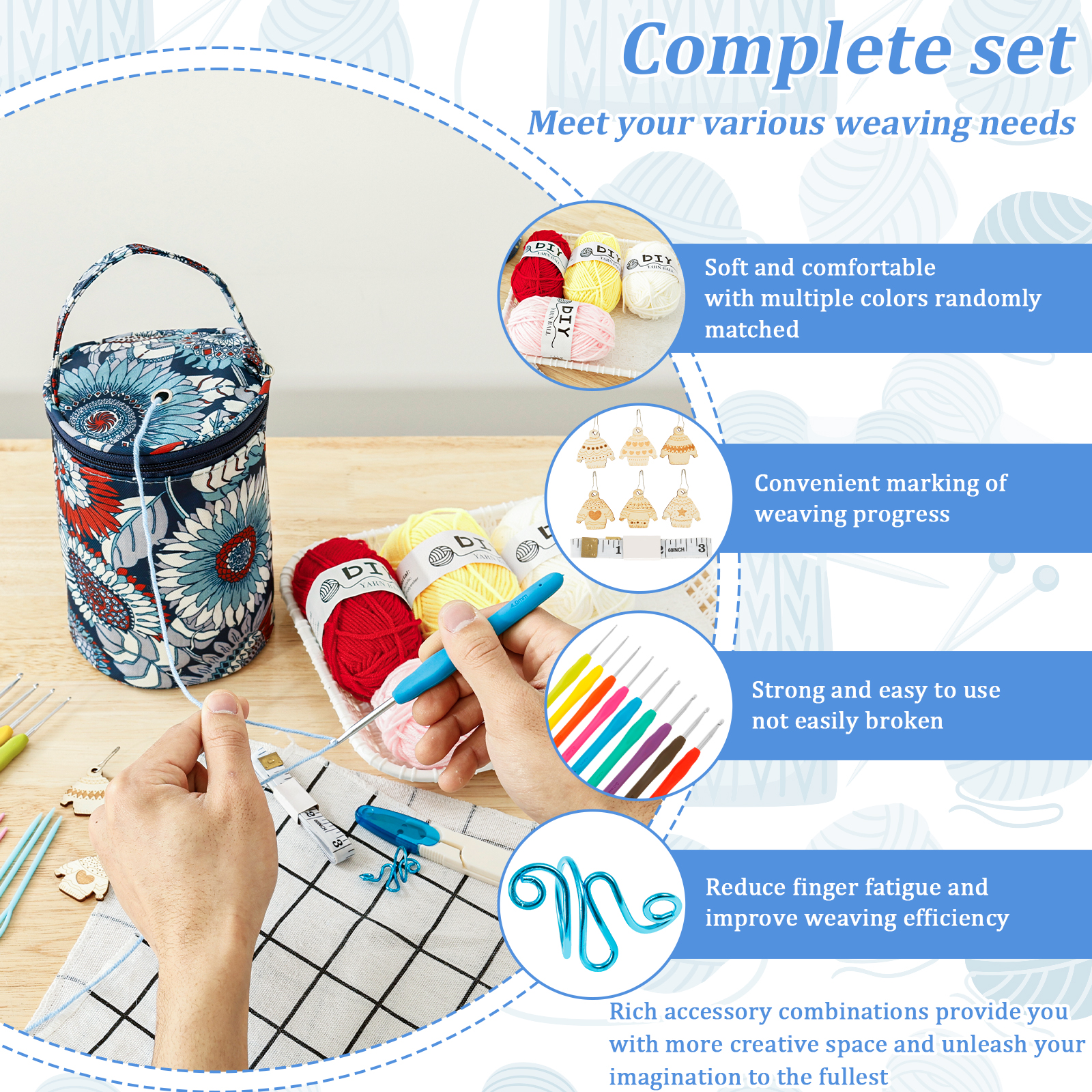 Kit de ganchillo de 32 Uds., Kit de inicio de tejido eficiente con gancho de ganchillo, bolsa de aguja, juego completo de ganchos de ganchillo para principiantes