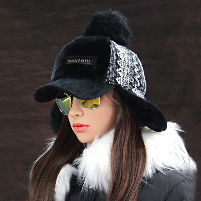 Winter Faux Cashmere Bomber Hat Women Earflap Caps Faux Fur Pompom Snow Hats Adjustable Bohemian Russian Ushanka