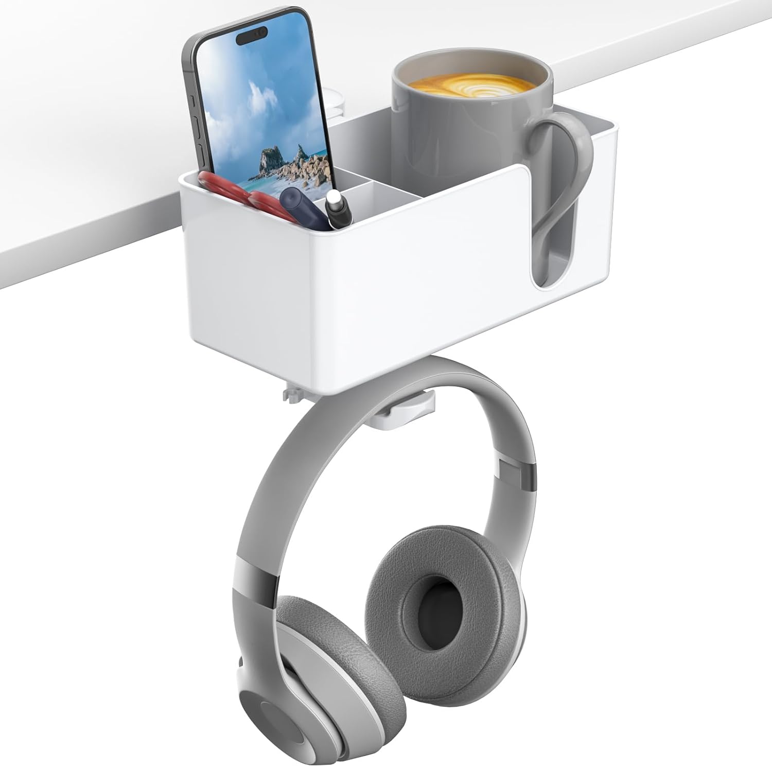 4-in-1 Desktop Organizer - Headphone Hanger and Pen Holder Cup Clamped Under the Desktop - Rotating Headphone Stand: WHITE