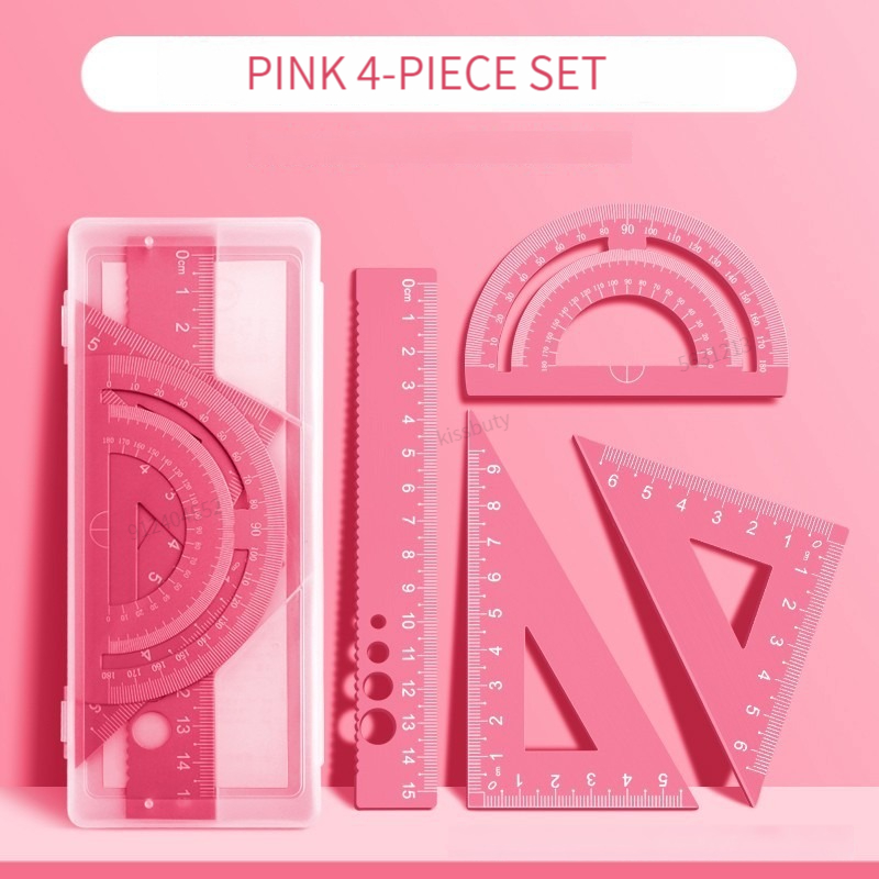 4 In 1 Aluminum Alloy Ruler Stationery Set Aluminum Alloy Multifunctional Combination Ruler Triangle Protractor for Drawing: Red