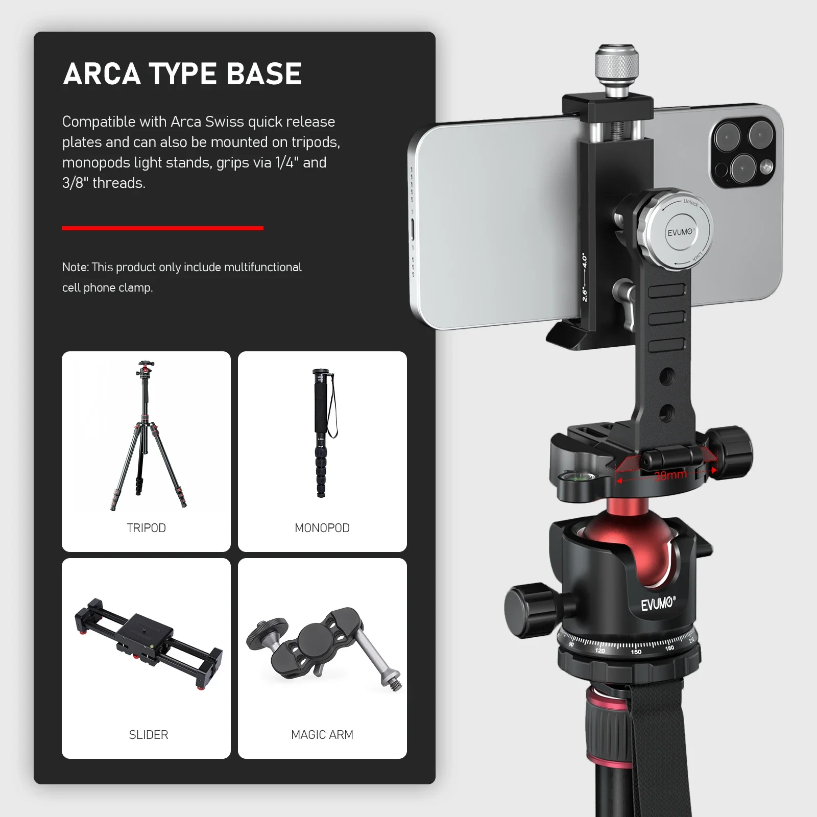 EVUMO PM6 Metalowy statyw do telefonu 360° ° Obrotowe mocowanie na zimną stopkę Arca Swiss Quick Release Plate Clamp do iPhone'a DSLR Camera Mic