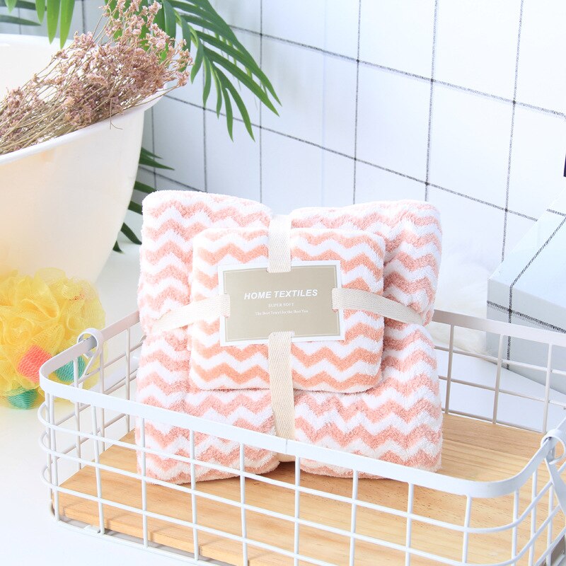 2pcs/set Bath Towel Set Coral Fleece Large Thick Bath Towel Bathroom Hand Face Shower Towels Home for Adults Kids Wave: Pink