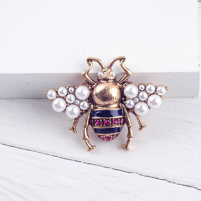 Bohemia Tendency Imitation Pearls Red/White Color Glass Bee Insect Brooch For Women Statement Jewelry