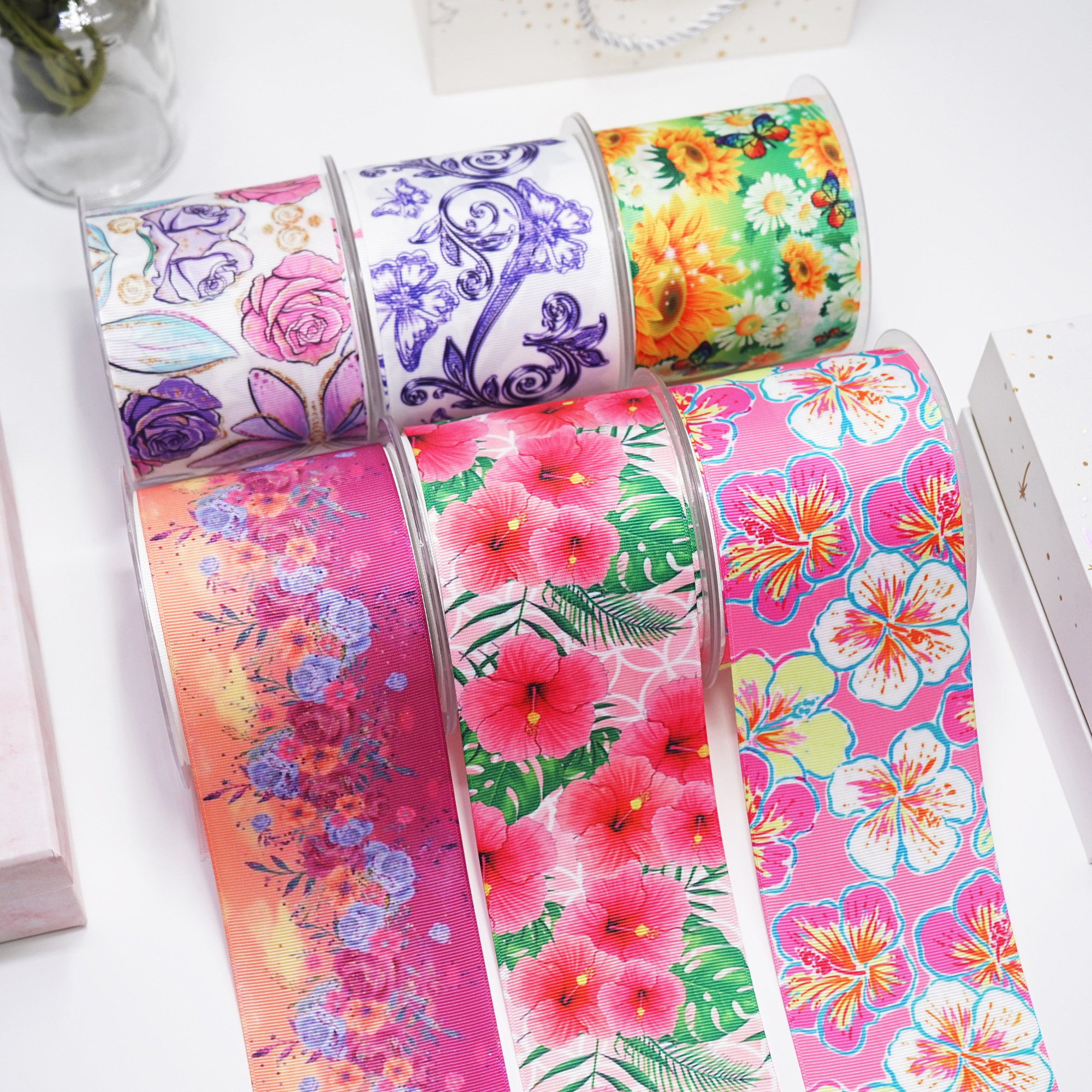 Nastro in Grosgrain stampato con fiori di cartone animato, forniture artigianali fai da te, accessori per cucire, 5 yarde 26079