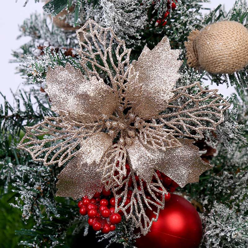 Arbre suspendu 10 pièces/ensemble fleur de noël Poinsettia fête décoration offre spéciale 9/11/16CM populaire paillettes: Champagne Gold / 16CM
