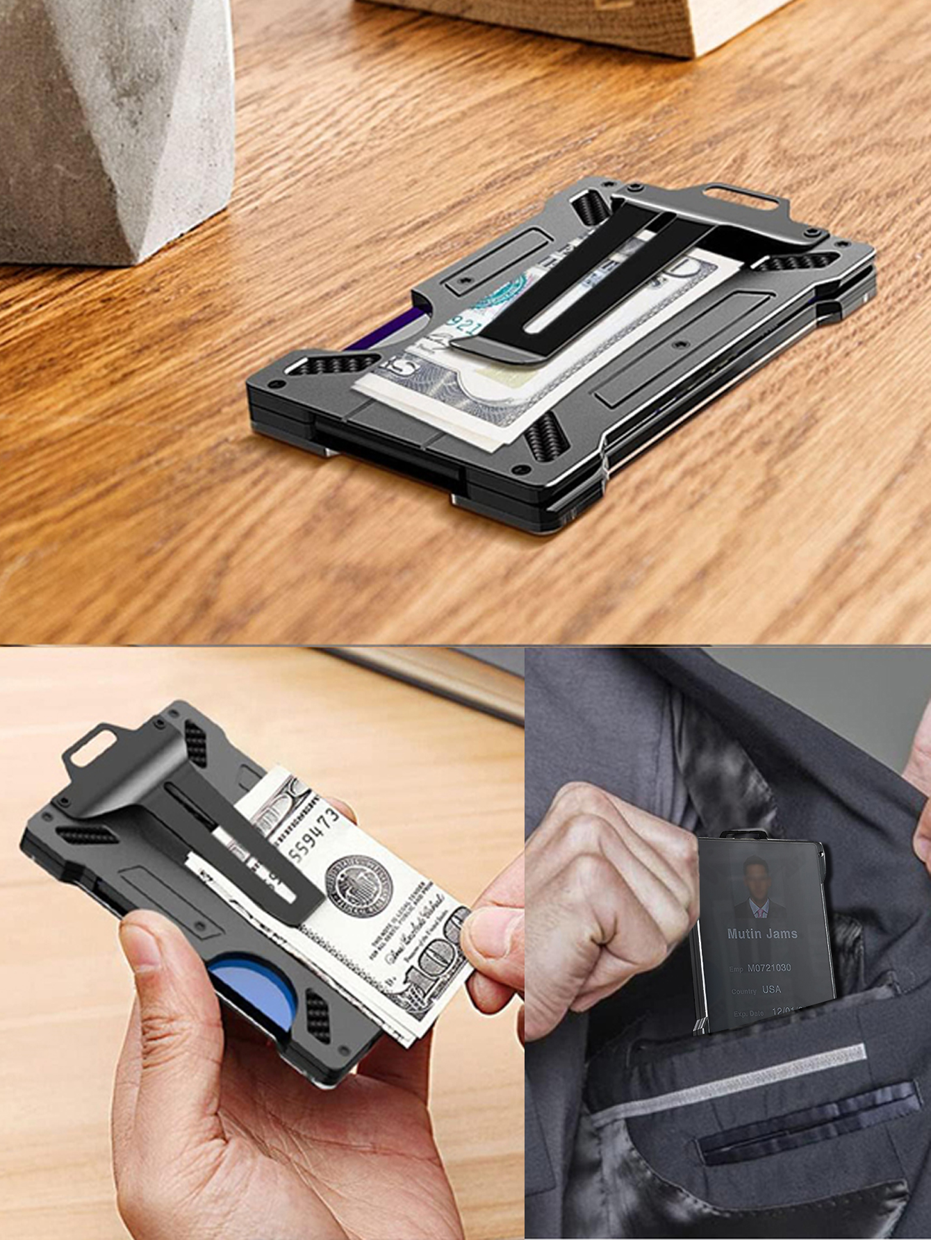 Pince à billets pour carte de crédit en métal et aluminium ultra-mince à la avec porte-carte portefeuille durable en fibre de carbone pour carte d'identité transparente