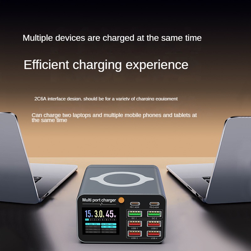 Cargador multipuerto con pantalla a color de 80 W: carga inalámbrica simultánea para teléfonos inteligentes/portátiles/tabletas