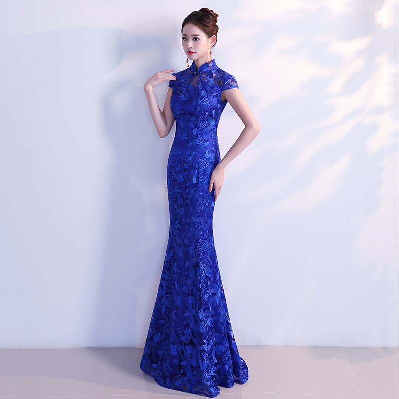Abendkleid China Cheongsam Spitze Chinesische Kleider Traditionellen Lange Kleider Für Hochzeit Party Blau retro Frauen