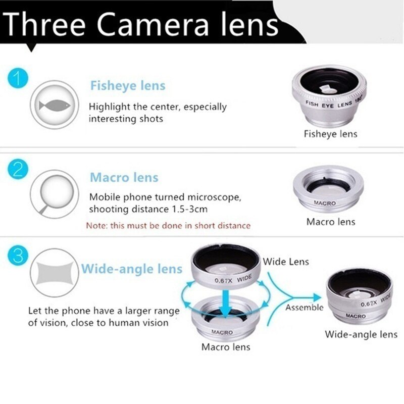 Cámara Universal para teléfono móvil, lente ojo de pez 3 en 1, lentes Macro de gran angular para iPhone, Samsung, Huawei, Xiaomi