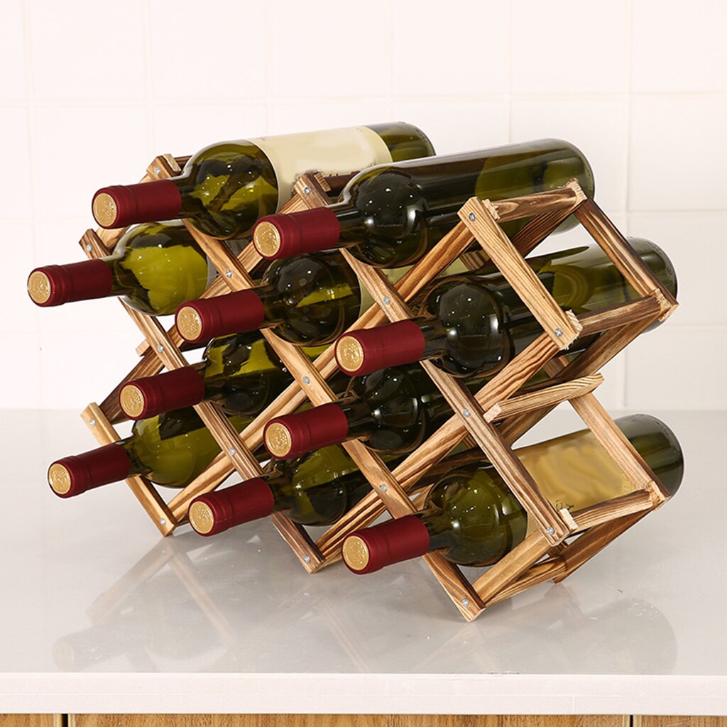 1pc Foldable Wooden Wine Rack Holder Freestanding Rustic Bottle Storage: 10 bottle dark wood