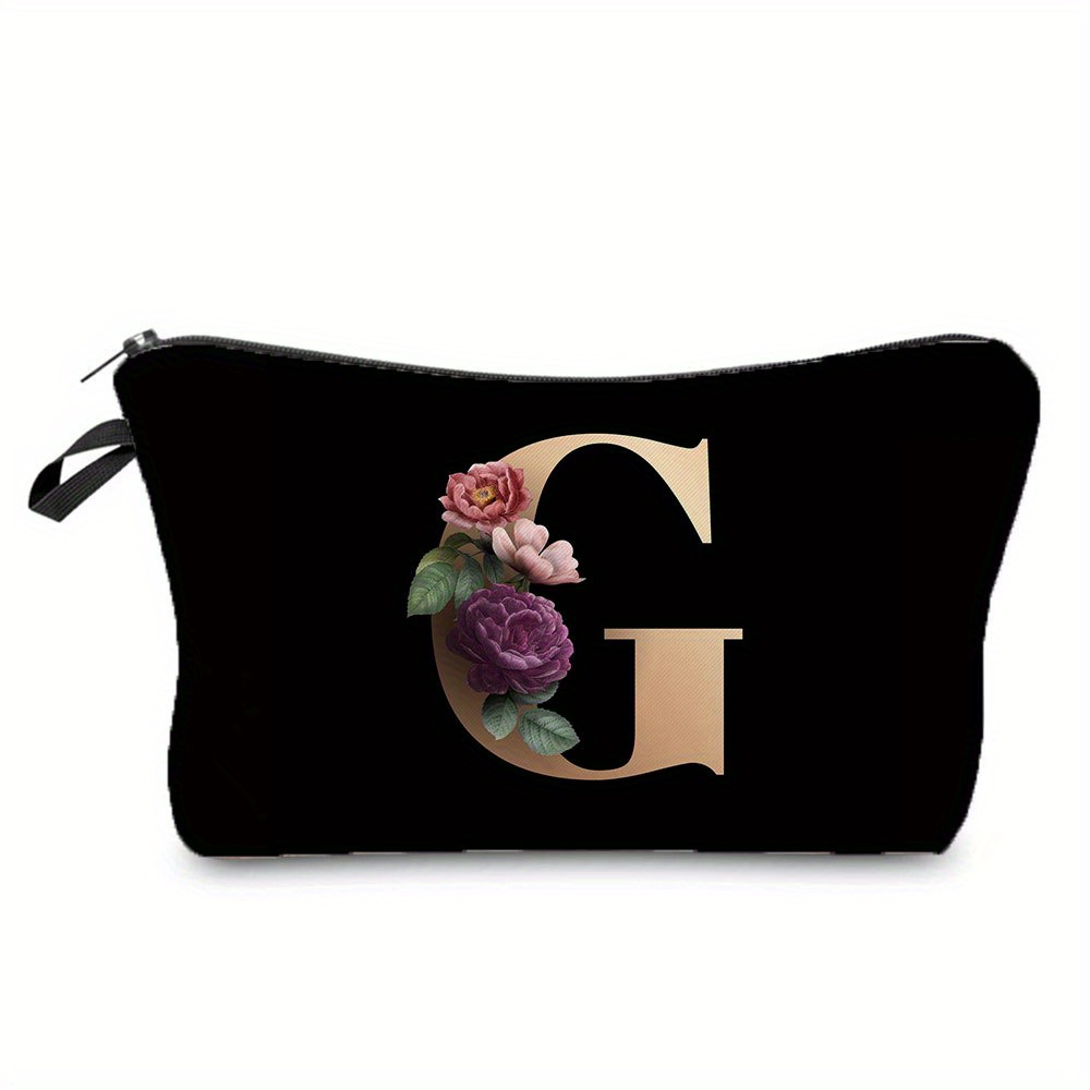 Flower & Letter Print Cosmetic Bag, Zipper Portable Makeup Pouch, Lightweight Coin Purse toiletry bag cajas organizadoras: Gold