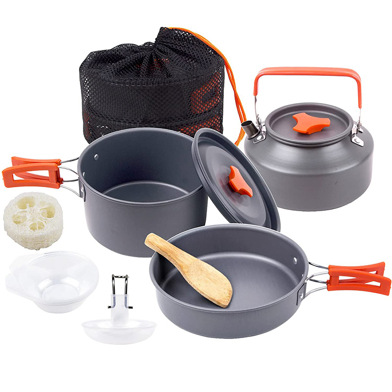 Camping Cookware Kit Outdoor Aluminum Cooking Set Water Kettle Pan Pot Bowl Travelling Hiking Picnic BBQ Tableware Equipment: Orange set A