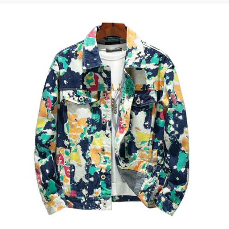 Men's Male Forest Camouflage Print Denim Jacket Loose Turn Down Collar Cargo Jean Coat Pockets Outerwear K822: XL