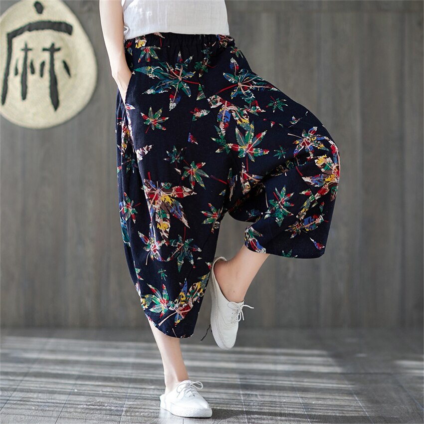 Pantalones de lino y algodón con estampado Floral para mujer, pantalón holgado de pierna ancha, estilo harén Retro nacional