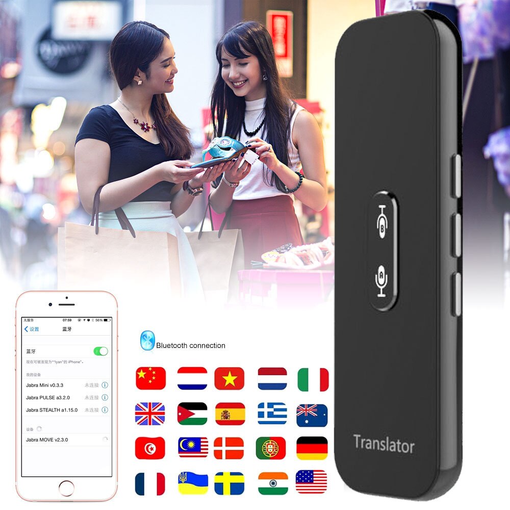 Mini-traducteur intelligent sans fil 68 langues, traducteur vocal instantané en temps réel dans les deux sens, application Bluetooth 4.2 multilingue