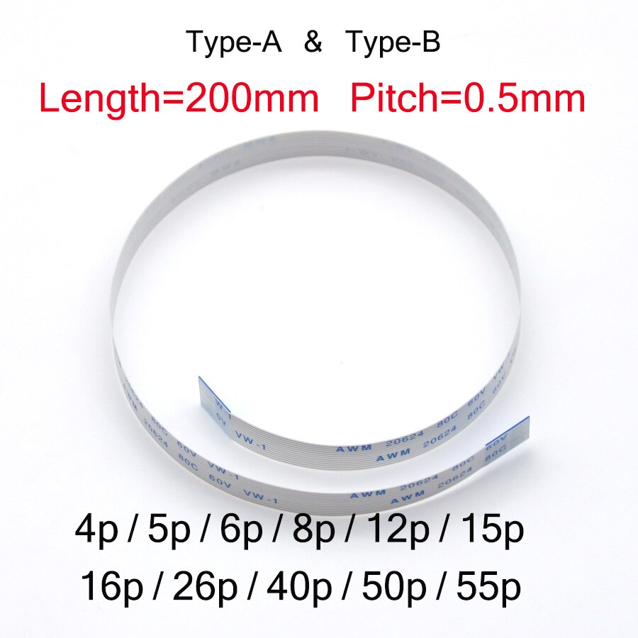 2pcs 200 millimetri 20 centimetri di Lunghezza Passo 0.5mm di Tipo B Isotropia FFC FPC Flessibile Piatto Cavo 4P 5P 6P 8P 12P 16P 26P 40P 50P 55P