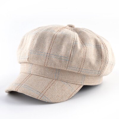 Gorros octogonales de tela de algodón para hombre, gorro de pintor a rayas para Newsboy, boinas informales de invierno para hombre, gorra Boina cálida de doble capa para otoño: Beige