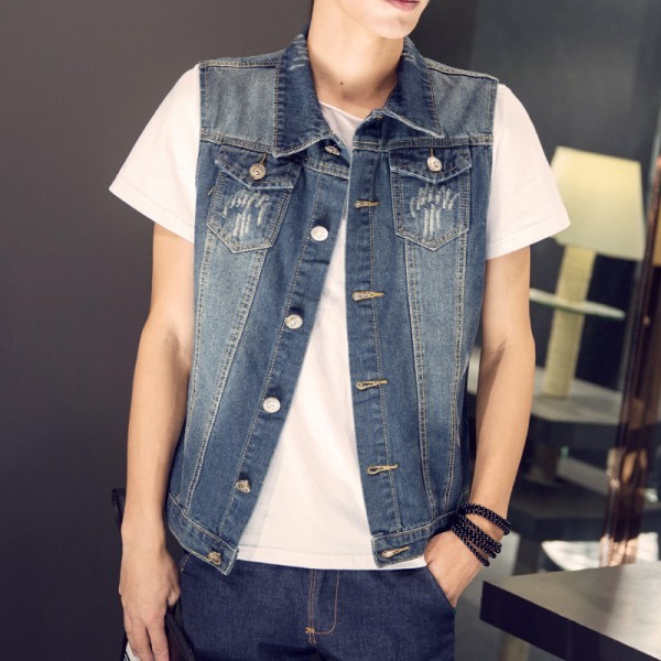 Sleeveless Denim Vest for Men Streetwear Korean Style Turn-down Collar Patchwork Skinny Jackets Casual Waistcoat Male: M