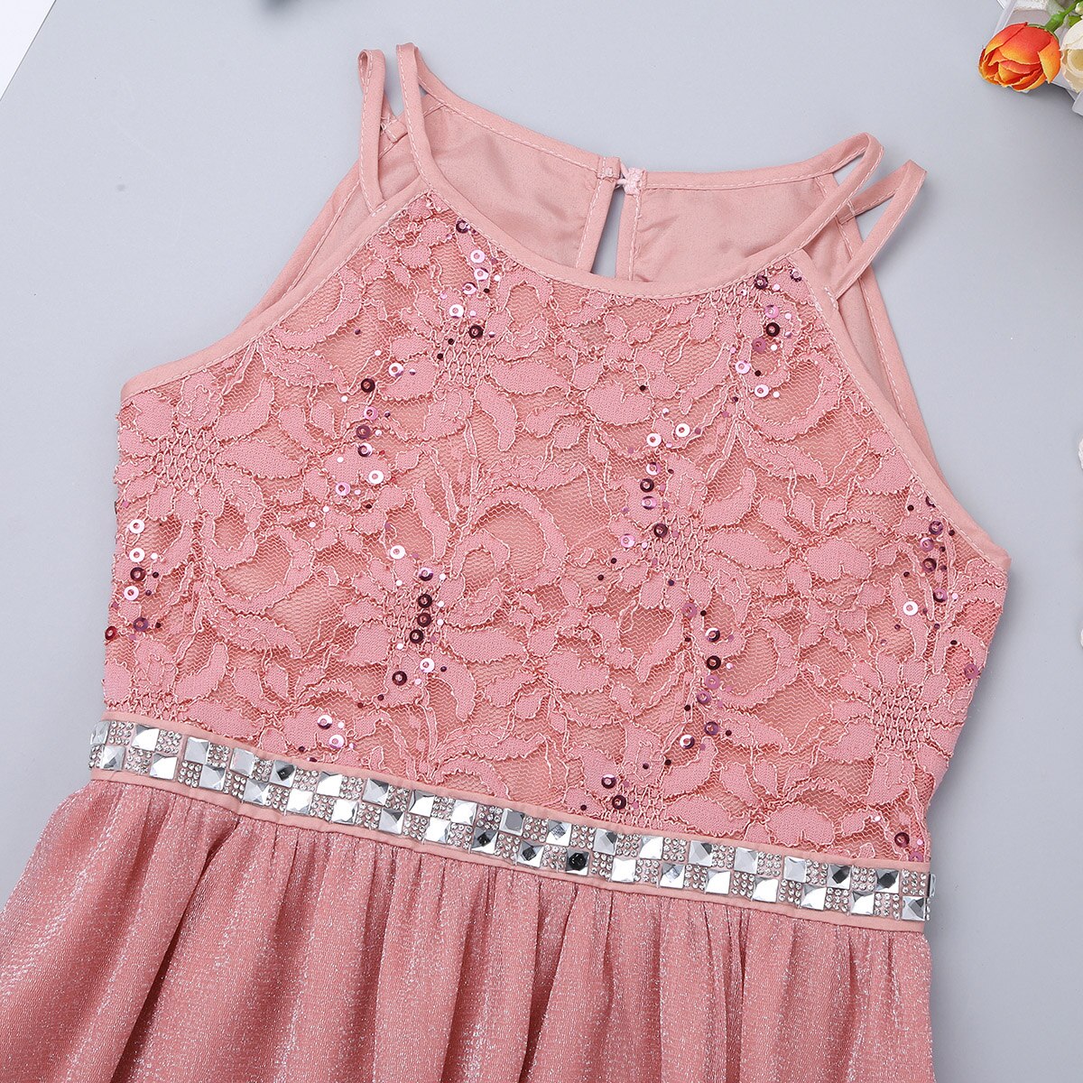 IEFiEL Nette Blume Mädchen Kleid Ärmellose Pailletten Floral Spitze Glänzenden Kleid Kinder Kinder Erste Kommunion Partei Sommer Kleider