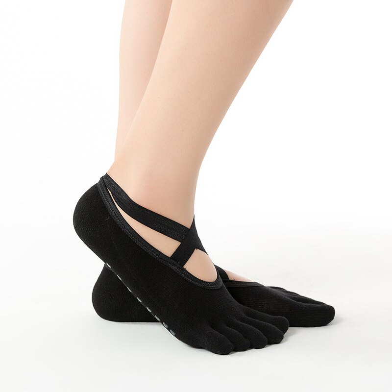 1 par dam pilates yoga anti-halkstrumpor rygglösa silikon halkfria strumpor dam andas balett dans gym pilates strumpor: Svart-a