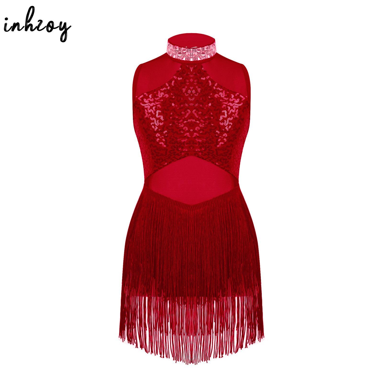 Vestido de baile latino para niñas, lentejuelas brillantes, malla transparente, dobladillo con borlas, Ropa de baile de Jazz moderna, leotardo de Ballet, traje de baile de patinaje