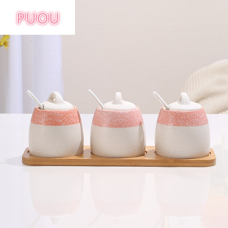 Japanese Seasoning Jar Set Kitchen Supplies Spice Jar Three-piece Set Ceramics Pink Seasoning Box Salt Shaker Spice Container