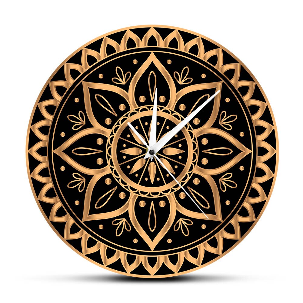 Mandala Etnische Royal Patroon Vintage Luxe Gouden Zwarte Klok Muur Horloge Indiase Zon Yoga Studio Mute Non Tikkende Torenuurwerk