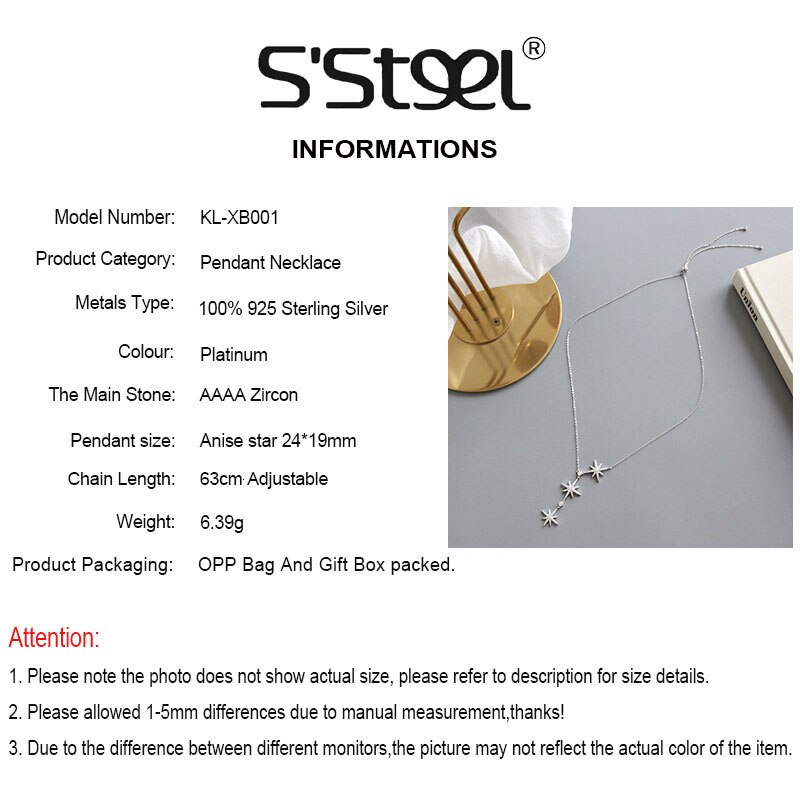 Real 925 Sterling Silver Pendant Necklace For Women Stars Long Pendants 4A Zircon Boho Collares De Moda Accessories Fine Jewelry