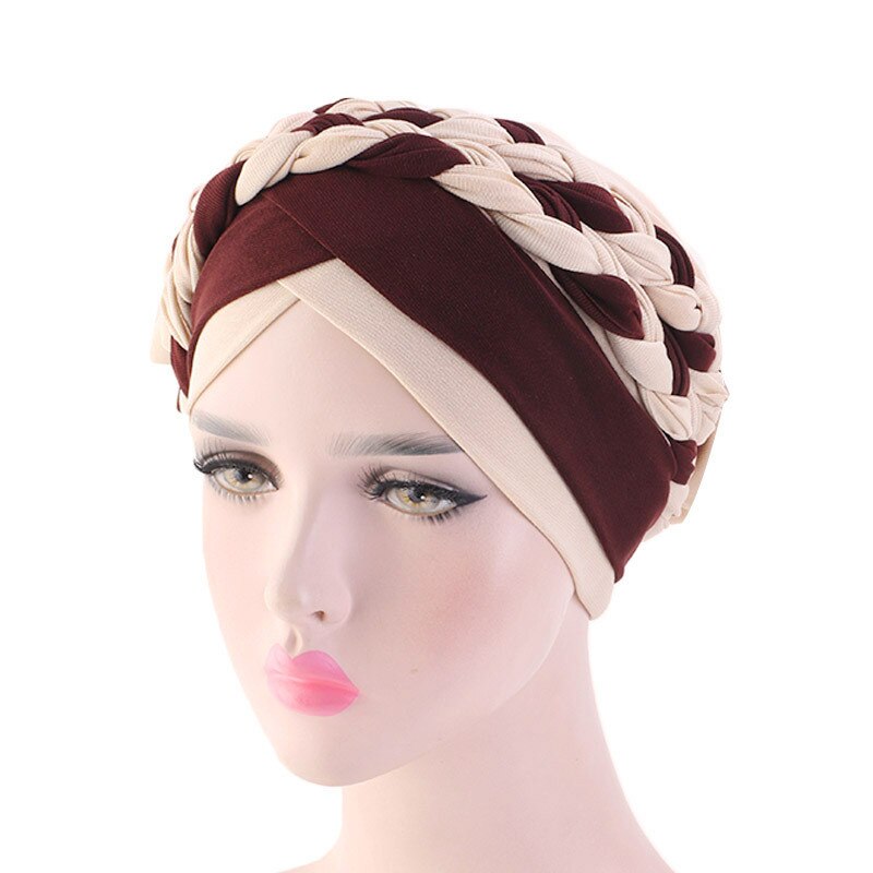 Musulman Double couleur tresses Stretch Turban à volants cheveux chapeaux Beanie Bandanas foulard Turban chapeaux pour les femmes 08: 5