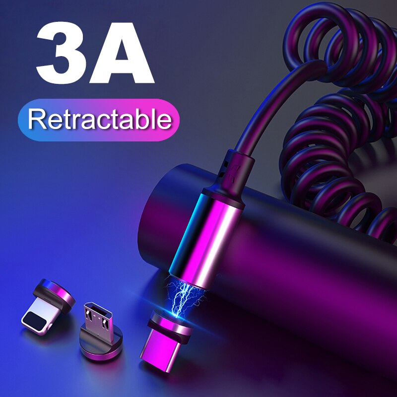 3A Magnetische Lente Snelle Charger Intrekbare Kabel Micro Usb Charger Type C Snel Opladen Voor IPhone11XS Pro Huawei P40 Snelle koord