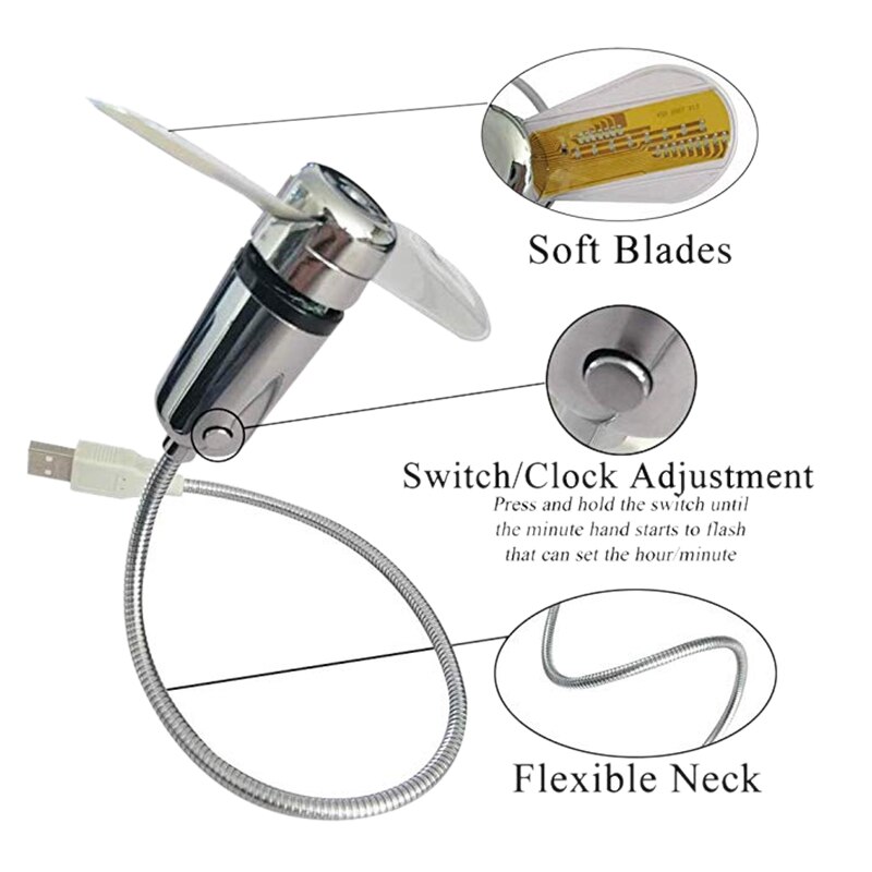 USB Fans Mini Time and Temperature Display with LED Light Cool Gadget for Laptop PC Computer