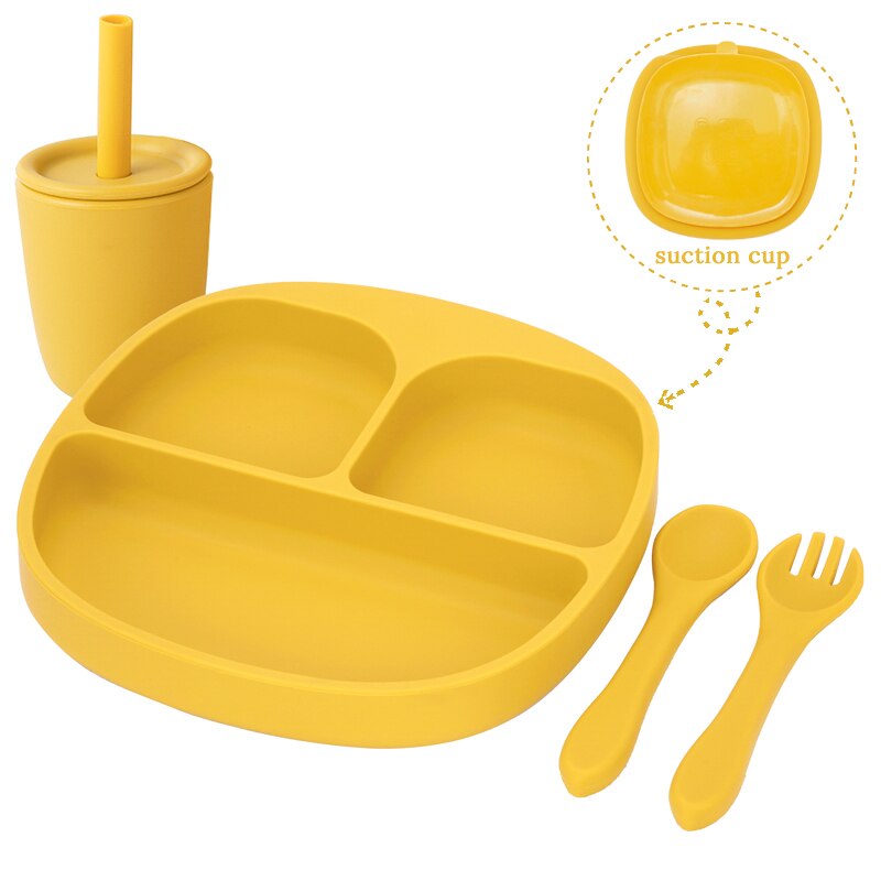 BPA Free Children's Tableware Baby Feeding Solid Food Dinner Set Plates Training Bowl Feeding Dishes Spoon Fork Straw Cup: 05-mustard