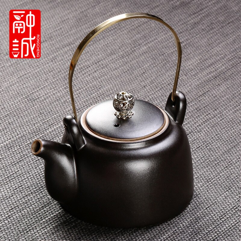 Vintage Tea Loop-handled Teapot Ceramic Retro Tea Making Device Household Copper Handles Single Teapot Tea Kettle Japanese Style: Antique Pottery  Teapot  round Beam Pot Black Zen