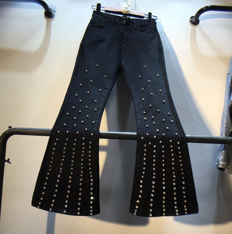 Women autumn elastic denim flare pants black solid diamonds striped ankle length slim jeans ladies high waist Rhinestone trouser