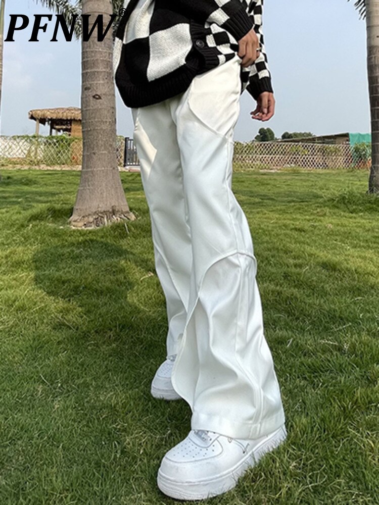 Pfnw Onregelmatige Wit Pak Broek Mannen Hihg Straat Casual Broek Lente Rechte Solid Cozy Flared Broek Mannelijke
