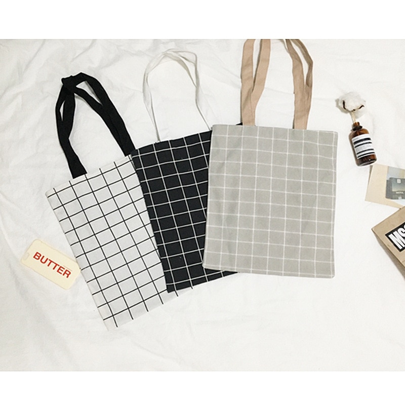 Women Canvas Tote Bag Cotton Plaid Print Shopping Bags Foldable Female Handbag Reusable Eco Beach Shopper Bag