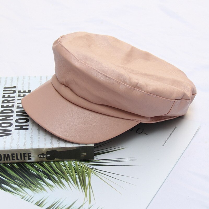 Automne et hiver noir angleterre chapeau octogonal Pu Cortex Casquette femme loisirs gavroche béret Casquette