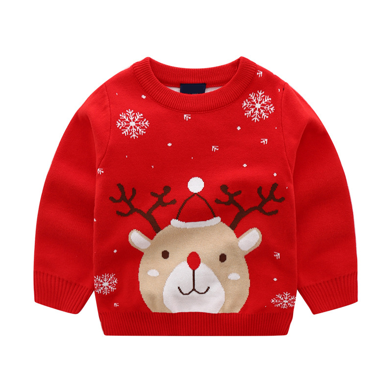 Jul børn baby piger drenge langærmede elg sne toppe trøje jule strikning bomuld 100%  outwear småbørn børn tøj 2-8y: Rød / 4-5y