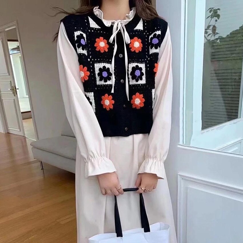 Chaleco de ganchillo Vintage bohemio Para Mujer, chaleco sin mangas con bordado Floral, suéter de punto, Chaleco de punto Para Mujer