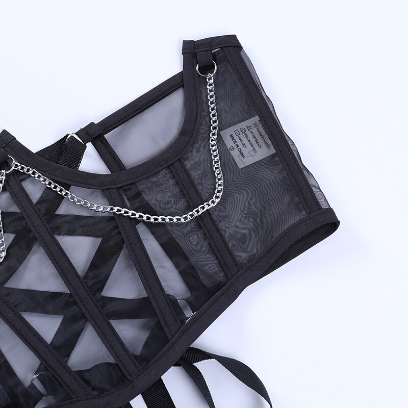 Frauen Korsett Gürtel Punk Metall Kette Mall Goth Kummerbund Hohe Taille Harajuku Vintage Mesh Sehen Durch Taille Shaper Korsetts
