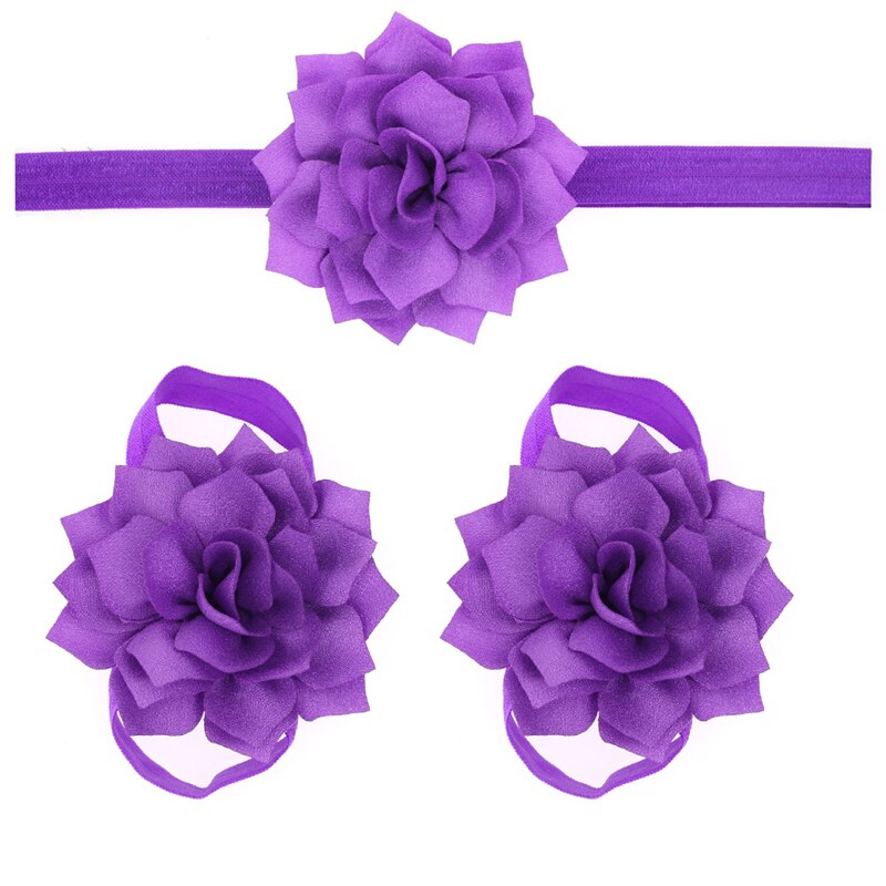 Sandalias de bebé con flores para cubrir zapatos descalzos, lazos de flores, zapatos de primeros pasos para niños, conjunto de diadema, accesorios de fotografía KFA11: KFA11-purple