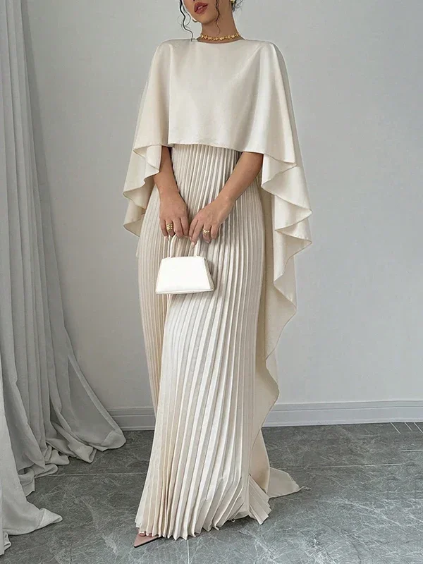 Neue Weibliche Stilvolle High-Low Party Abend Maxi Kleider Frühling Herbst Cape Ärmeln Einfarbig Gefaltetes Langes Kleid: XL / APRICOT