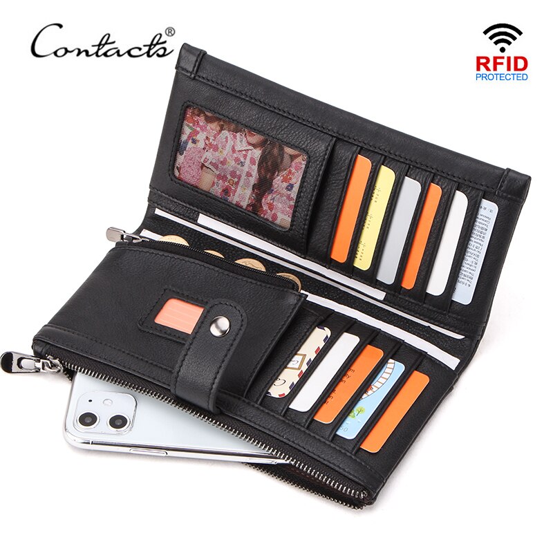 CONTACT'S 100% Genuine Leather Men Wallet Multifunction Long Purse with Coin Pocket Zipper Cartera Male Card Holder Rfid Wallets