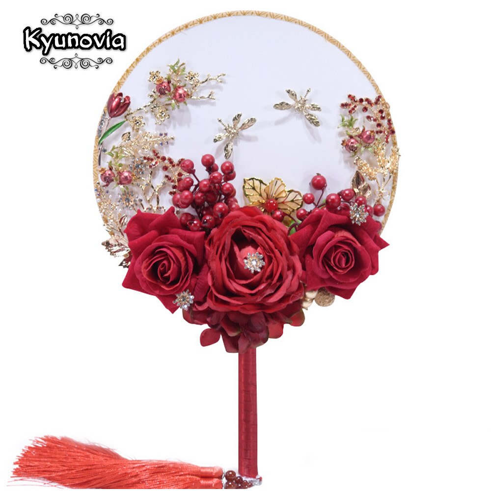 Kyunovia Unique Fan Type Wdding Flower Broach Jeweled Crystal Bridal Bouquet Red Silk Rose Wedding Boquets D26