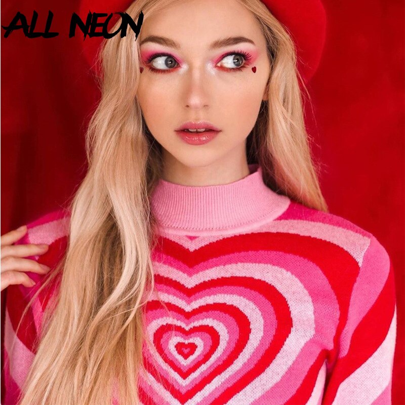 Y2K-suéter de manga larga para mujer, suéter de cuello alto a rayas con corazón, color rosa, estilo Harajuku, años 90