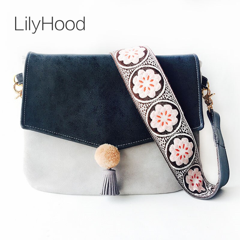 Lilyhood lona feminina bonito bolsa de ombro feminino boêmio chique pom pom franja floral bordado alça larga crossbody saco