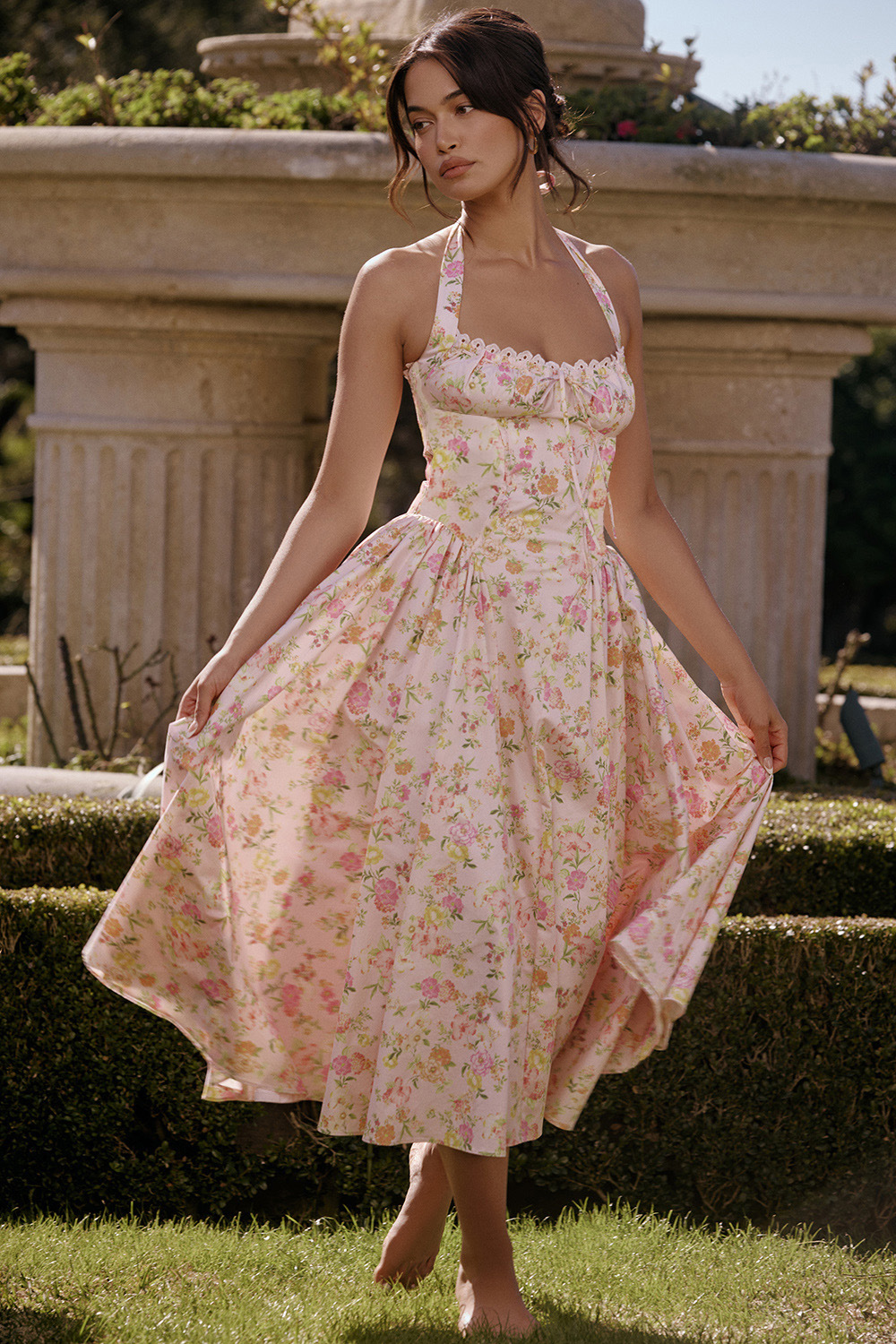 Vintage blomstret halterneck midi sommerkjole dame højtaljet pink blå sort rød kjole sommerkjoler kvinde fødselsdagskåbe