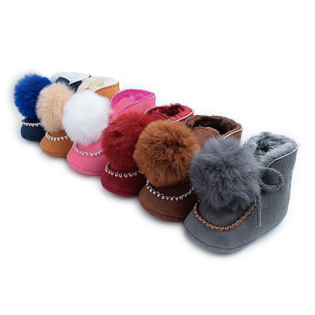 Thicken Baby Boots Lace-Up Lovely Pompon Non-slip Snow Prewalker Soft Coral Fleece Toddler Solid Color Winter Warm Shoes