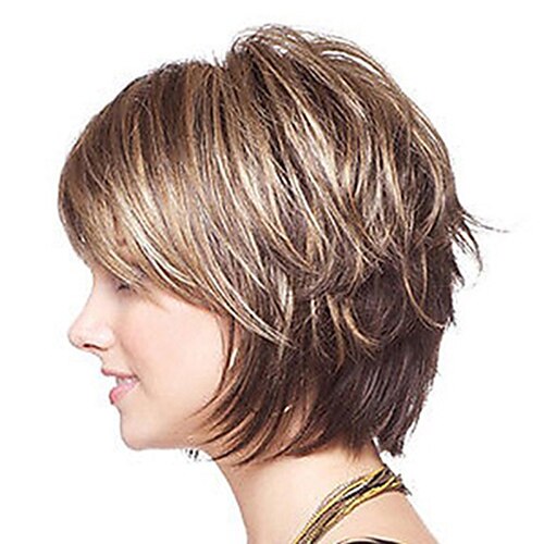 HAIRJOY Women Straight Bangs Style Pixie Cut 14inch Synthetic Hair Wig Brown Mixed Short Natural Wigs: brown mixed