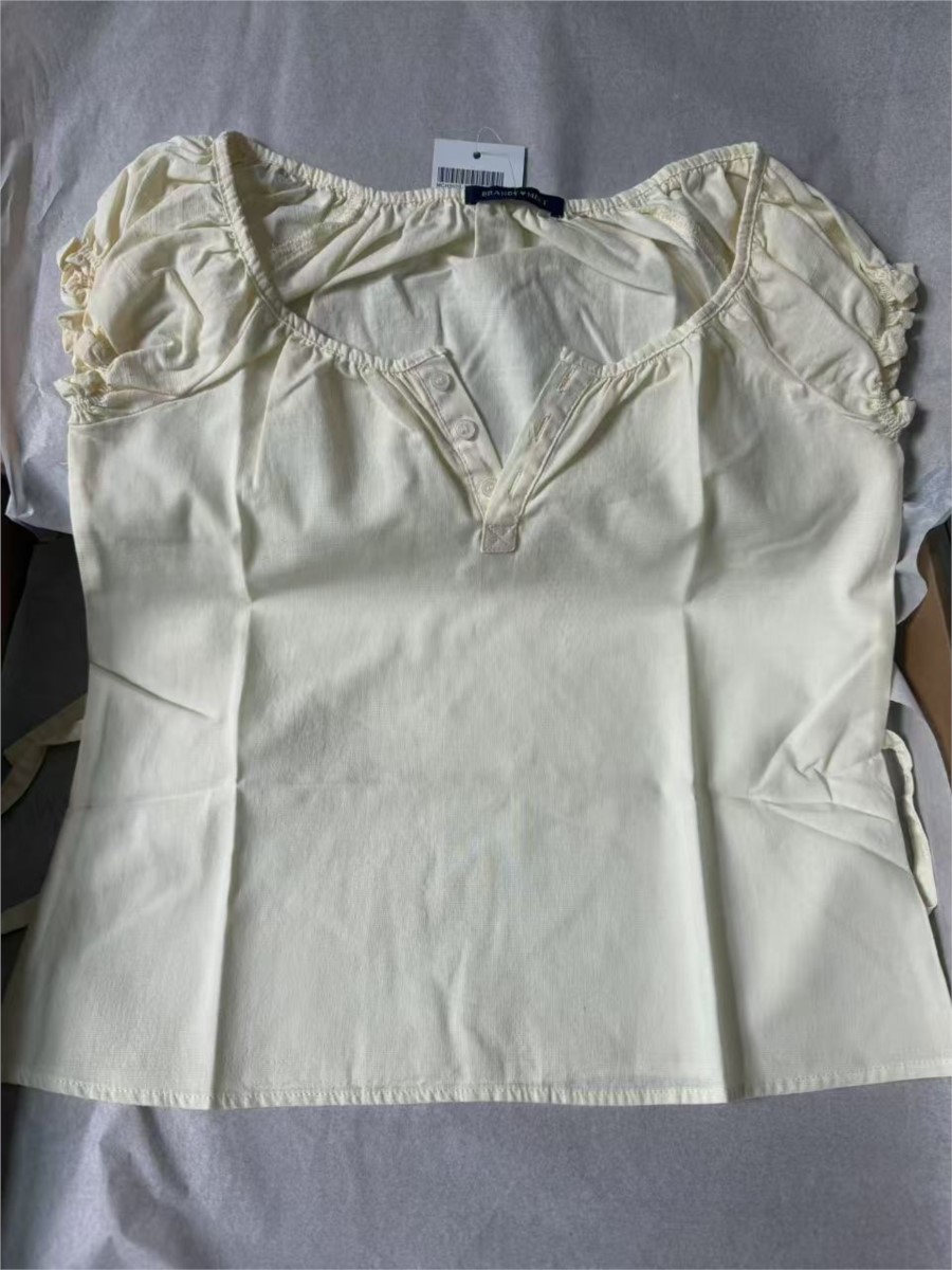 Gule t-shirts med snøre og flæseærmer til kvinder, sommer, enkle, afslappede, hør-bomuld, u-hals, knapper, søde, preppy-stil t-shirts